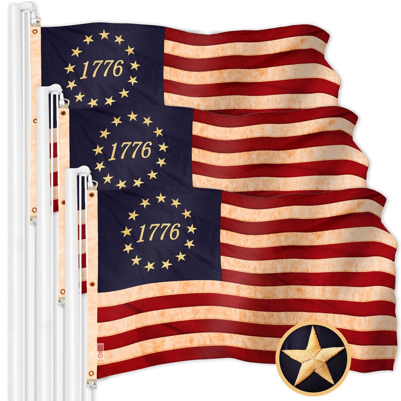 G128 3 Pack: Betsy Ross 1776 Tea-Stained Flag | 5x8 Ft | ToughWeave Pro Series Embroidered 420D Polyester | Historical Flag, Embroidered Design, Indoor/Outdoor, Brass Grommets, High Quality